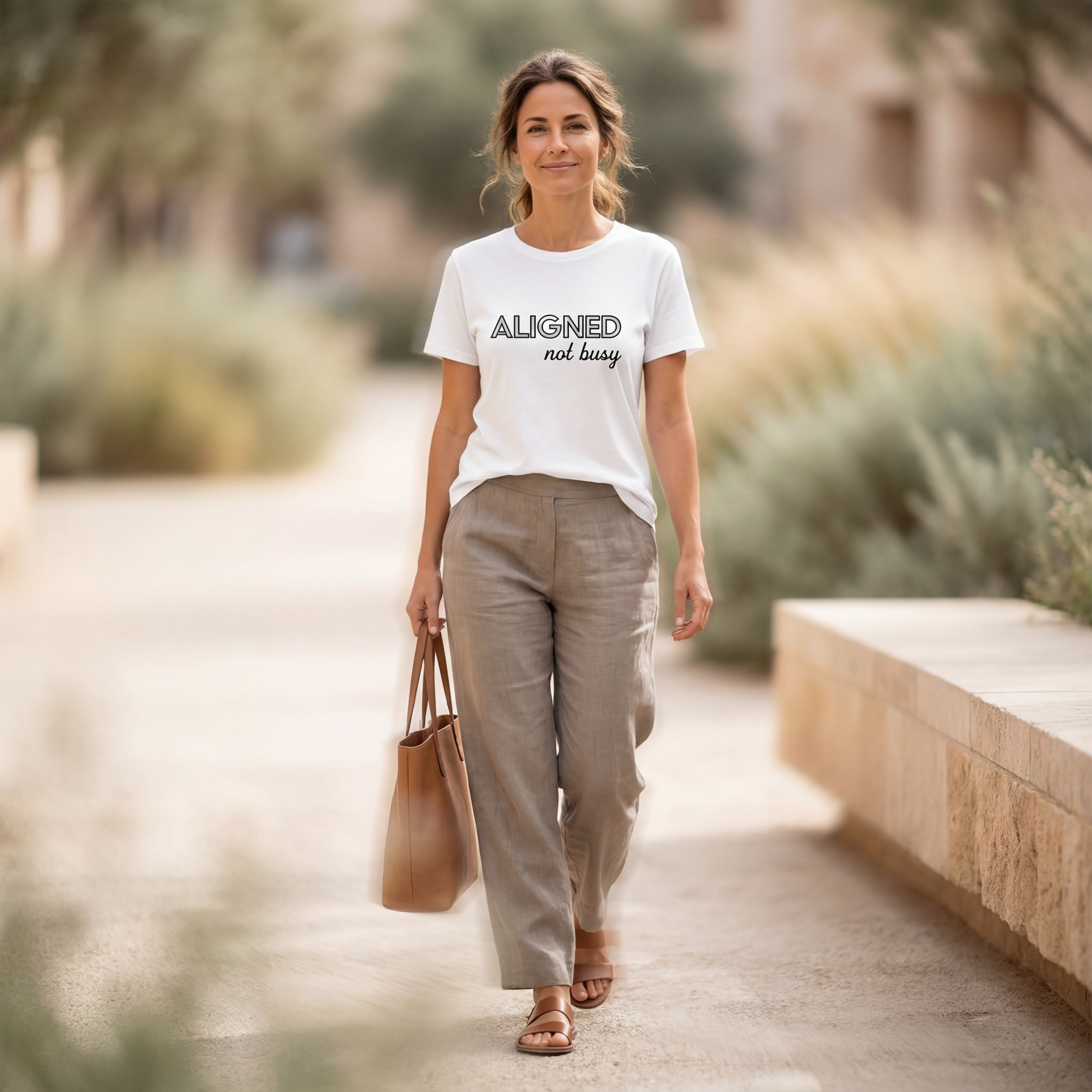 Woman wearing the "aligned not busy" minimalist graphic tee with gentle movement and a warm, approachable expression.