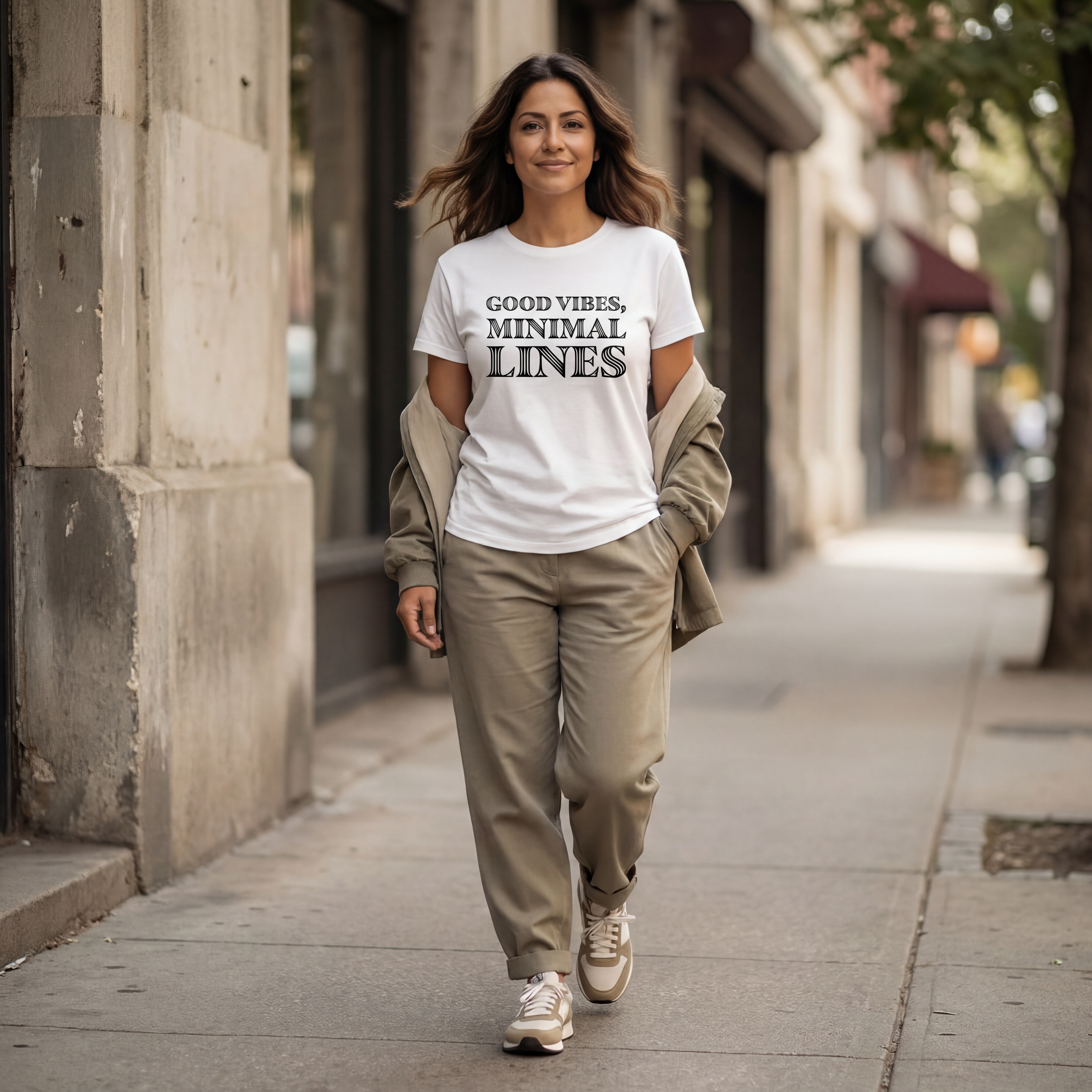 Woman wearing the "good vibes, minimal lines" minimalist graphic tee with gentle movement and a warm, approachable expression.
