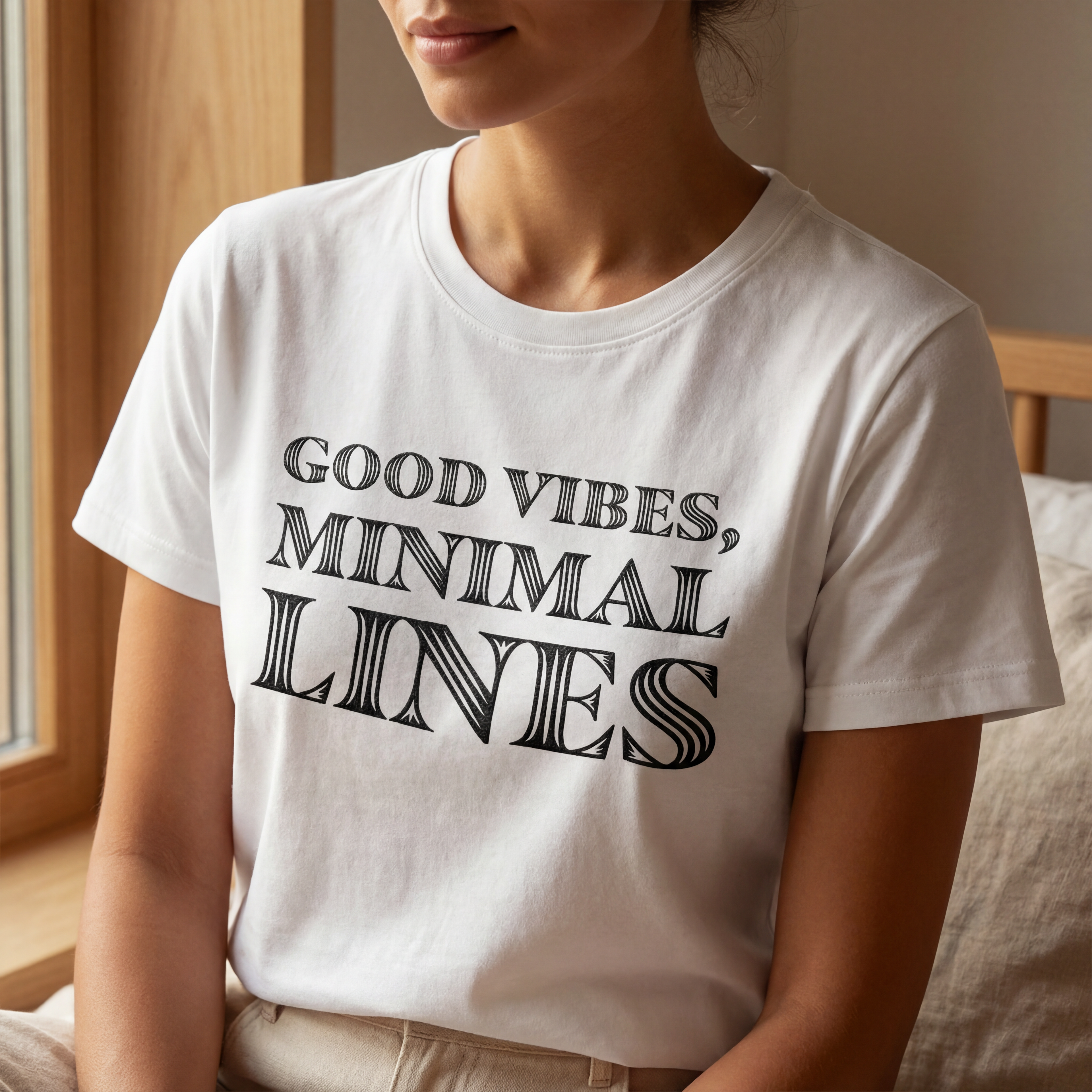 Close up of the "good vibes, minimal lines" organic cotton t shirt showing soft fabric texture and clean printed text.