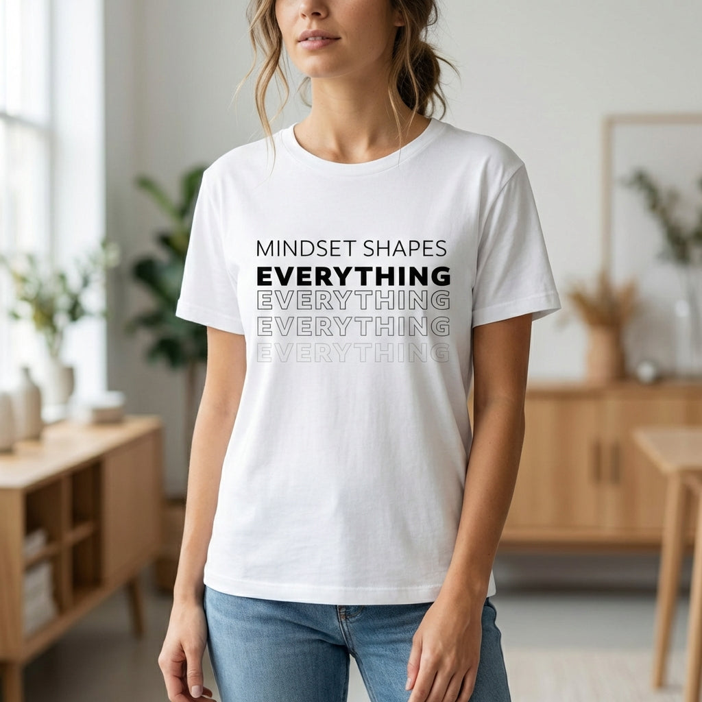 Close up of the "mindset shapes everything" organic cotton t shirt showing soft fabric texture and clean printed text.
