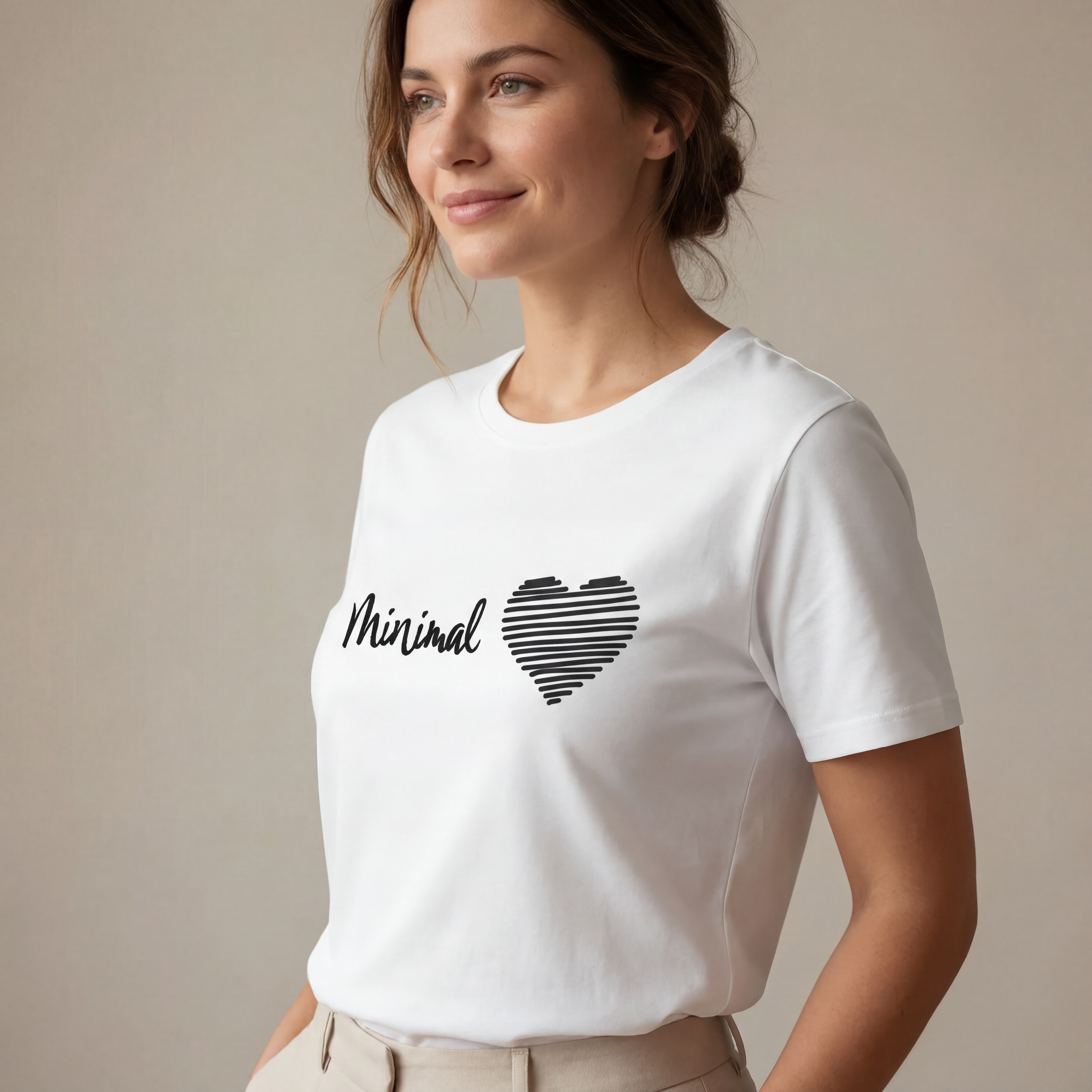 Side angle studio view of a woman wearing the "minimal love" minimalist graphic tee with a calm, natural expression.