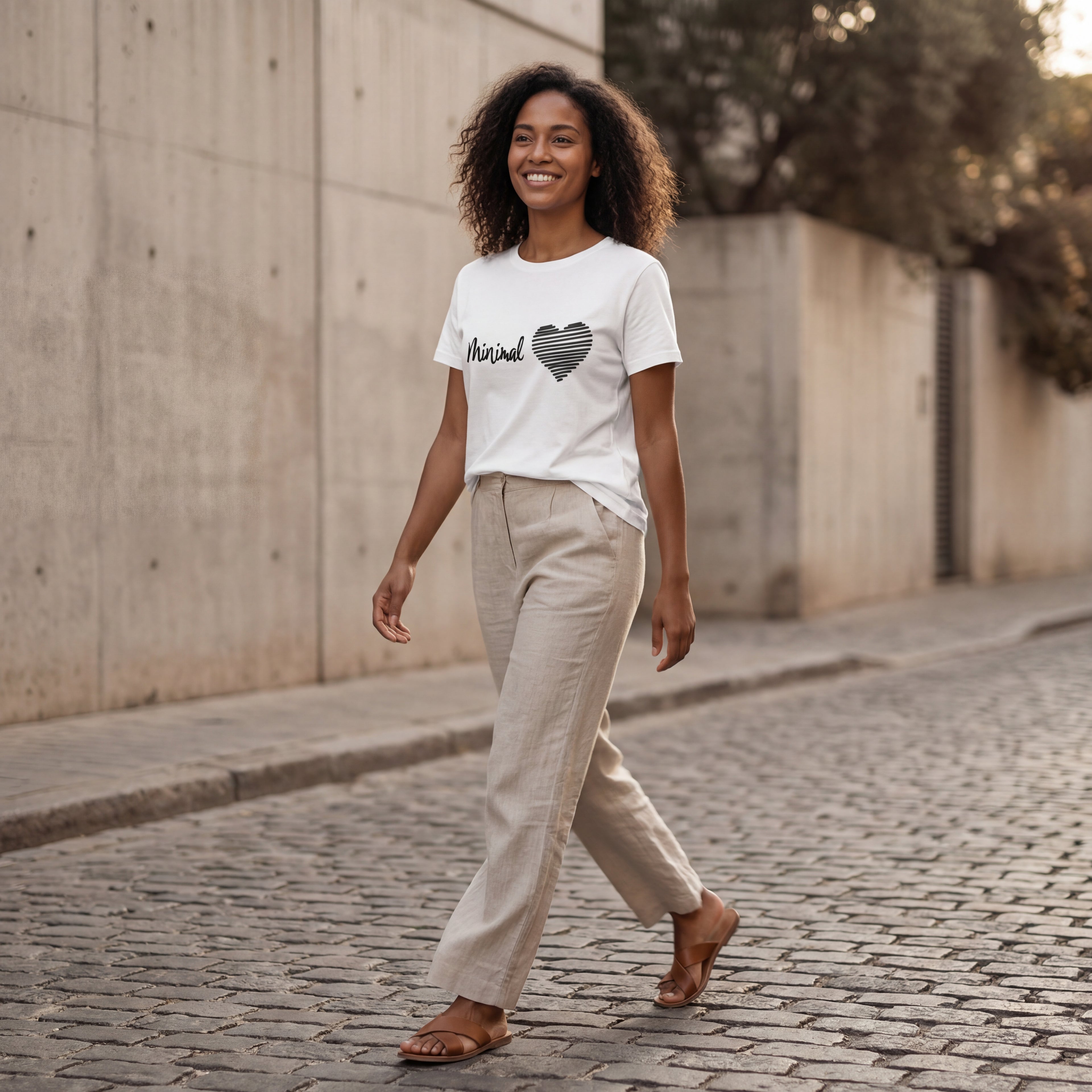 Woman wearing the "minimal love" minimalist graphic tee with gentle movement and a warm, approachable expression.
