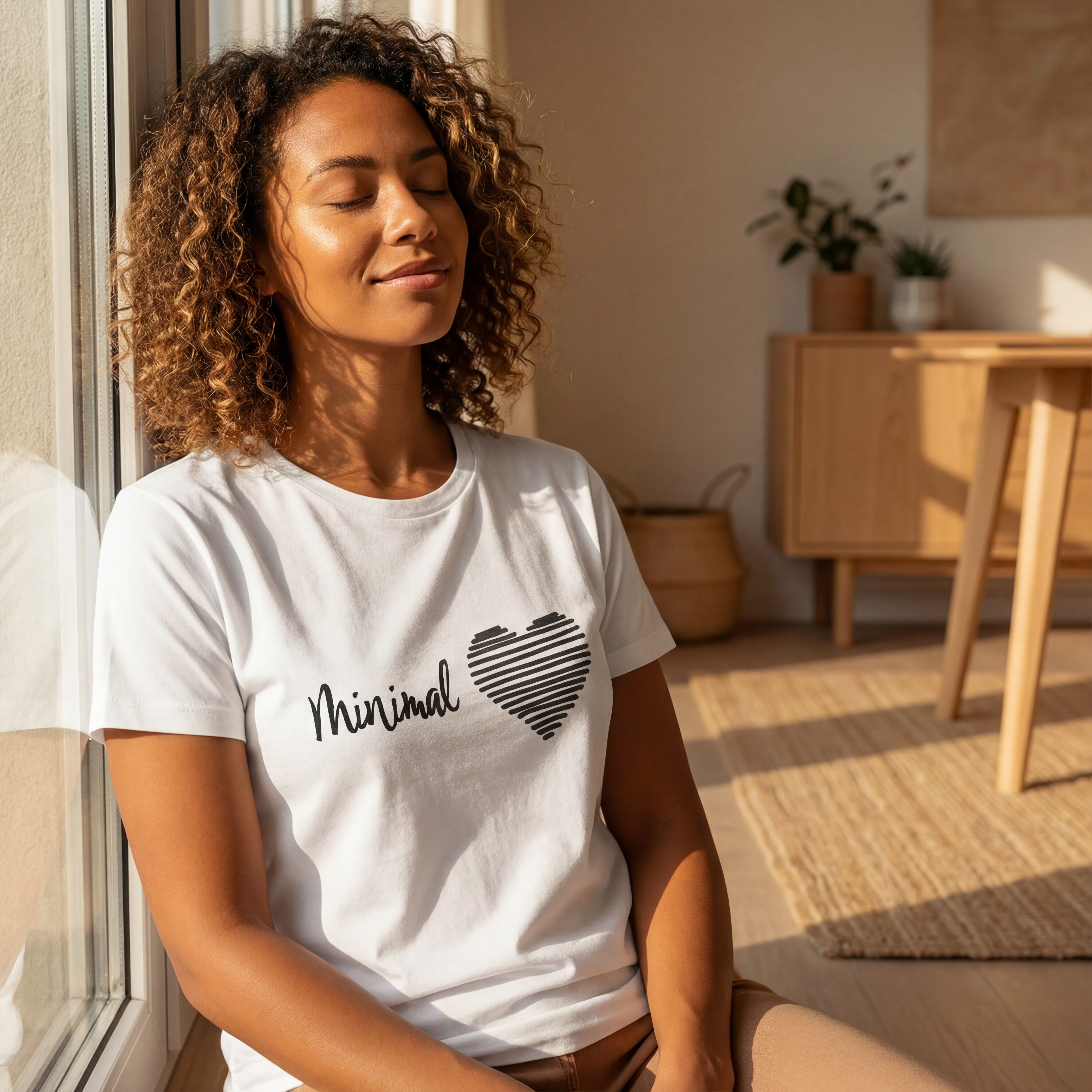 Woman wearing the minimal love motivational t shirt in warm natural sunlight with a peaceful, reflective mood.