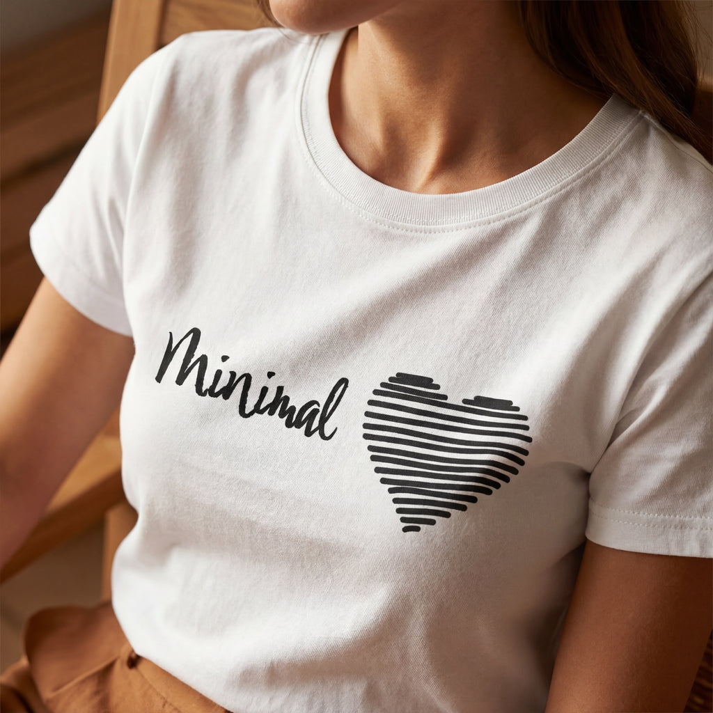 Close up of the "Minimal love" organic cotton t shirt showing soft fabric texture and clean printed text.