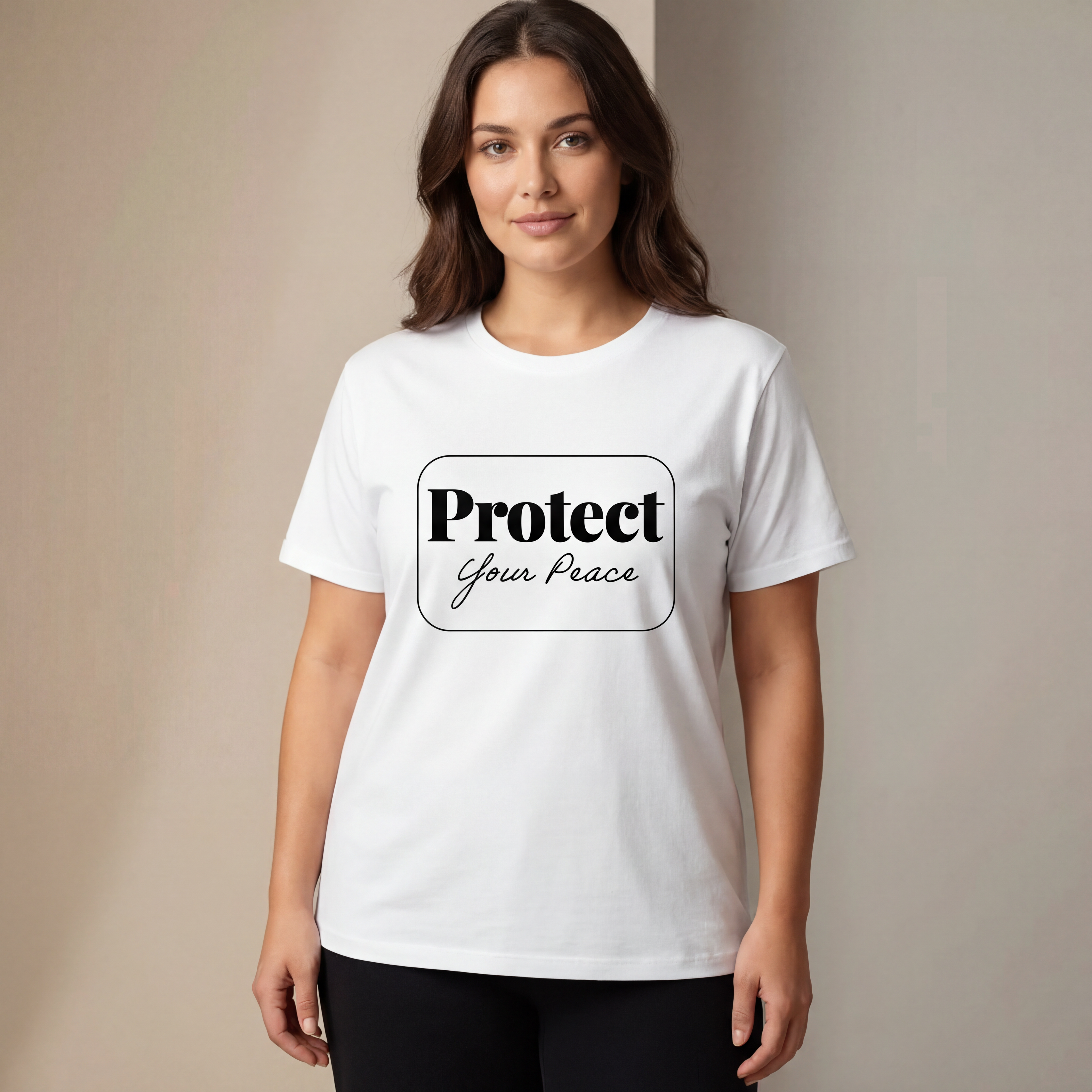 Woman wearing the Protect your peace minimalist graphic tee in a soft neutral studio setting, calm and welcoming.
