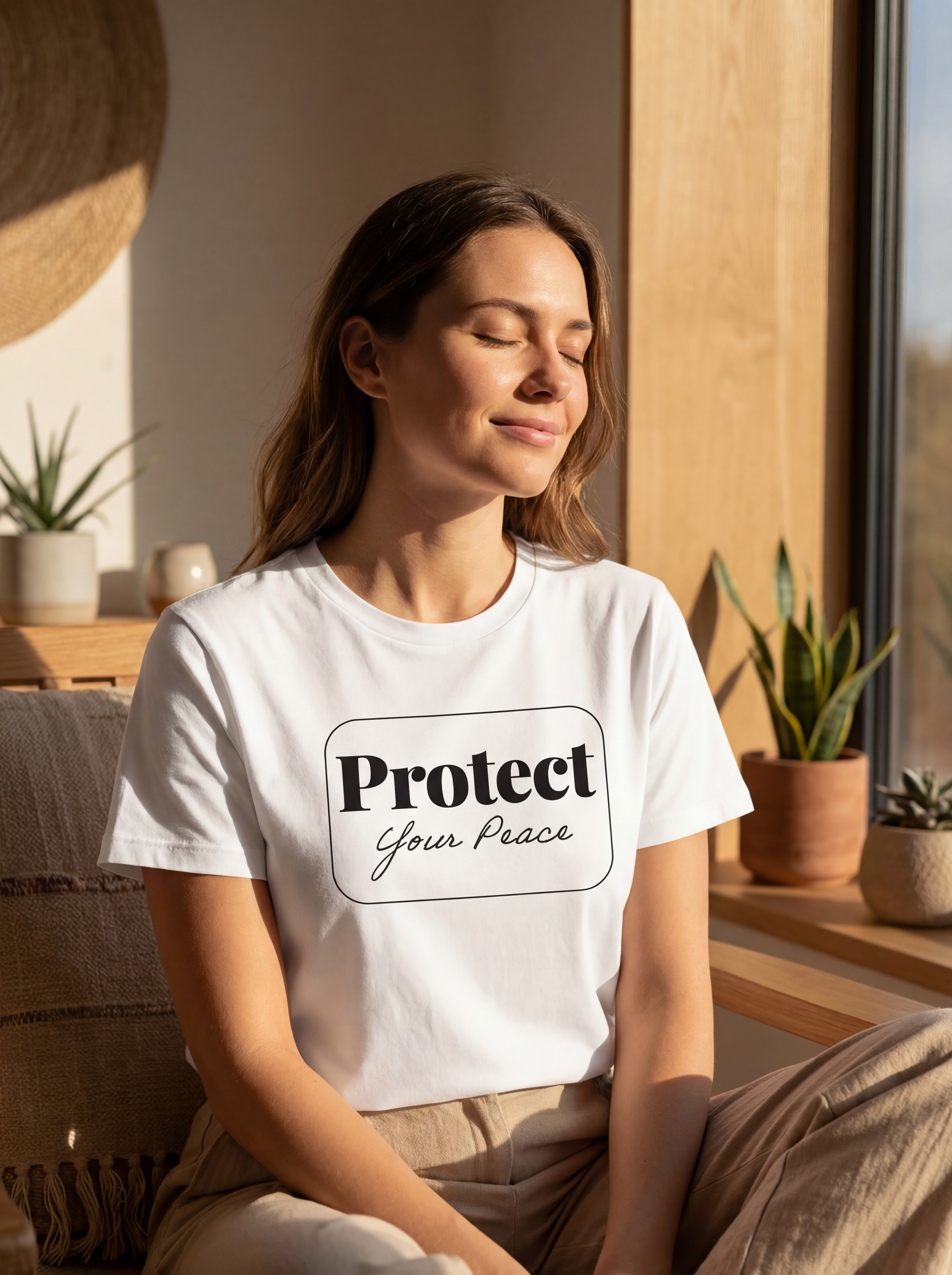 Woman wearing the Protect your peace motivational t shirt in warm natural sunlight with a peaceful, reflective mood.