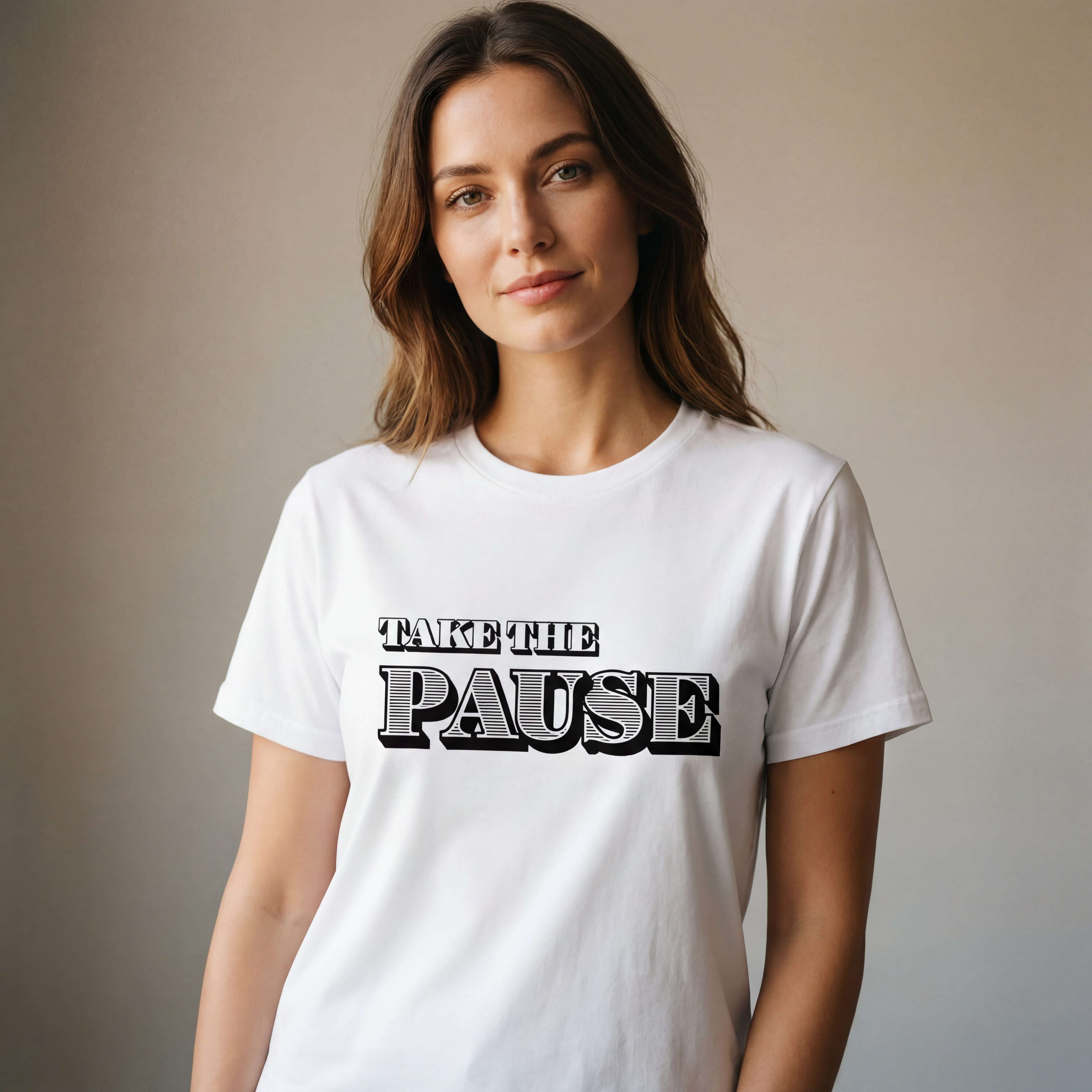 Woman wearing the Take the pause minimalist graphic tee in a soft neutral studio setting, calm and welcoming.