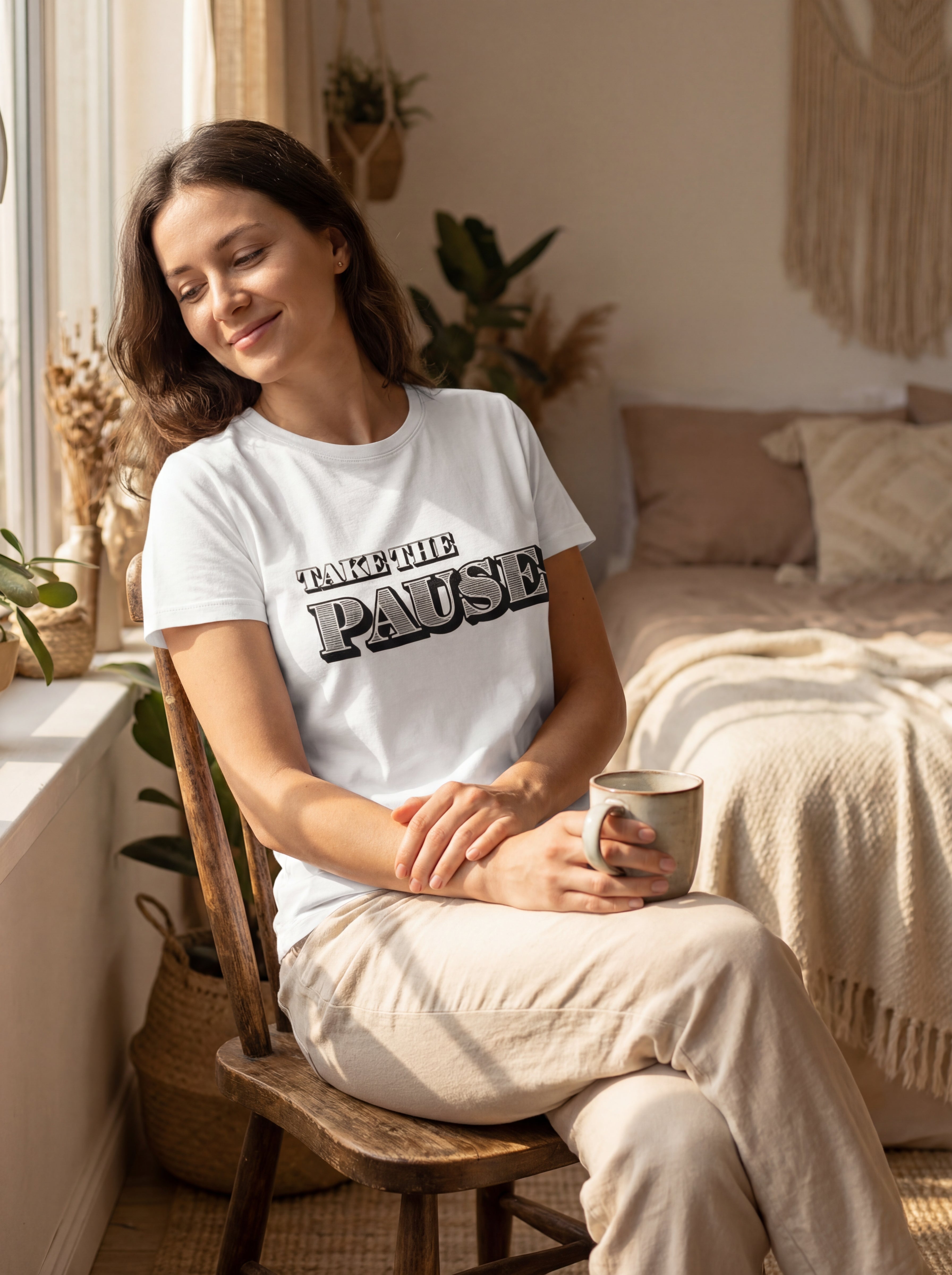 Woman seated casually wearing the Take the pause motivational t‑shirt in soft natural light with a grounded, intentional mood.