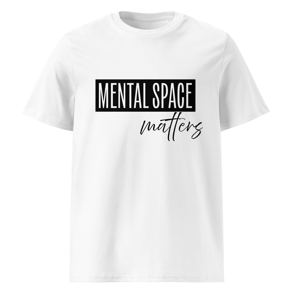 White t-shirt with 'Mental Space Matters' text on a white background